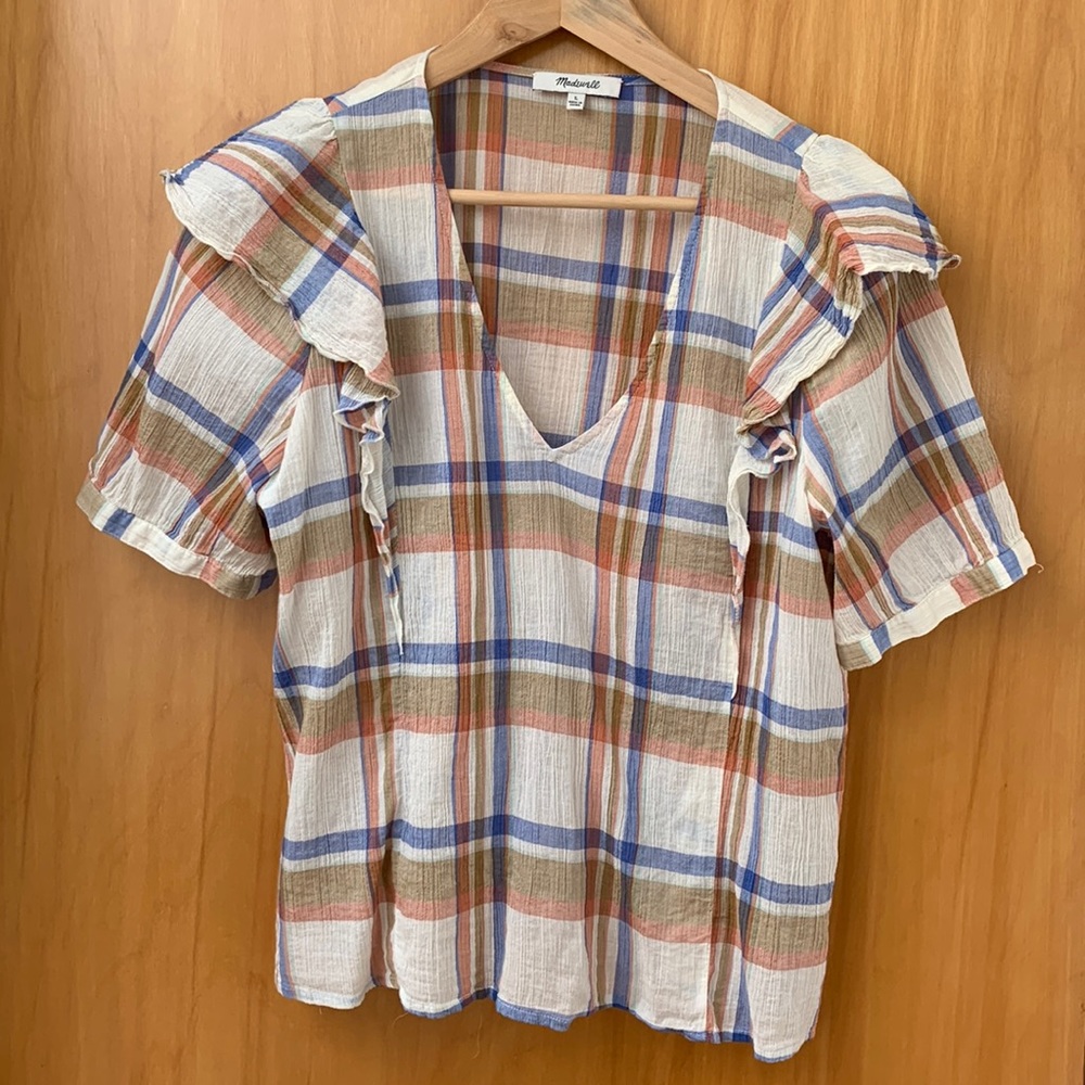 Madewell V-Neck Shoulder-Ruffle Plaid Top